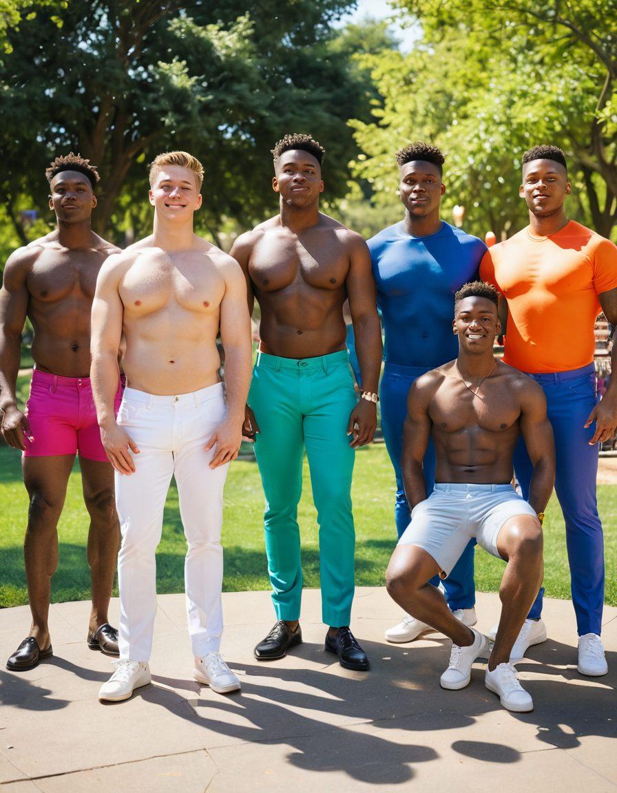 A powerful and celebratory scene showcasing diverse male bodies of various shapes and sizes, elegantly posed in a sunlit urban park. Each figure radiates confidence and joy, surrounded by vibrant art installations that celebrate individuality and beauty. Incorporate soft pastel colors to evoke warmth and acceptance, with subtle hints of LGBTQ flags in the background. The atmosphere should be lively and inviting, promoting a sense of community and pride. vibrant colors. super-realistic.